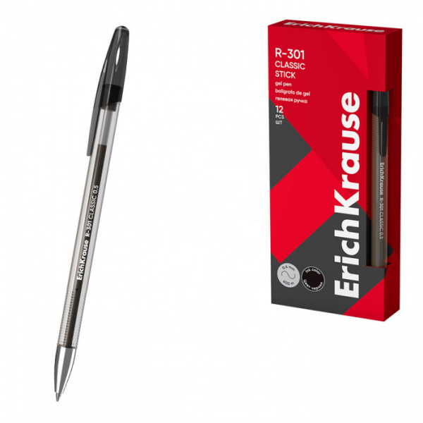 Ручка гелевая ErichKrause R-301 Gel Stick Classic 0.5, цвет чернил черный (в коробке по 12 штук)