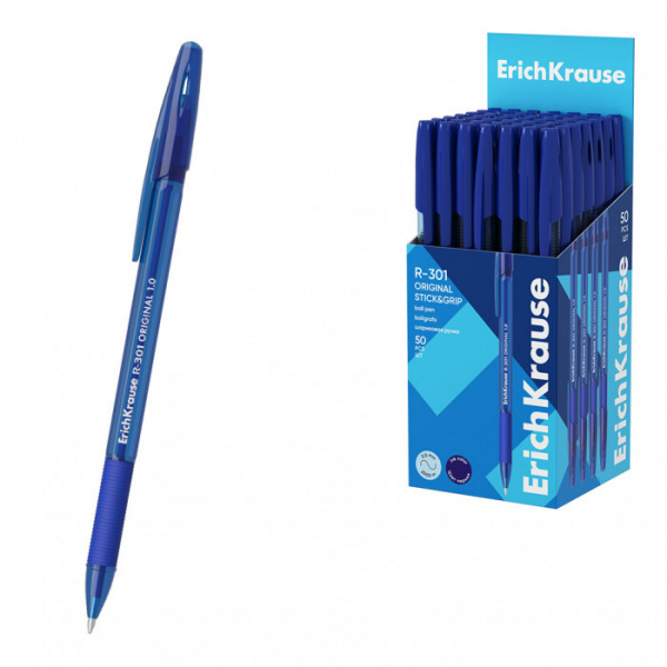 Ручка шариковая ErichKrause R-301 Stick&Grip Original 1.0, цвет чернил синий (в коробке по 50 шт.)