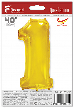 Шар (40''/102 см) Цифра, 1, Золото, 1 шт. в уп. Flexmetal, ИСПАНИЯ