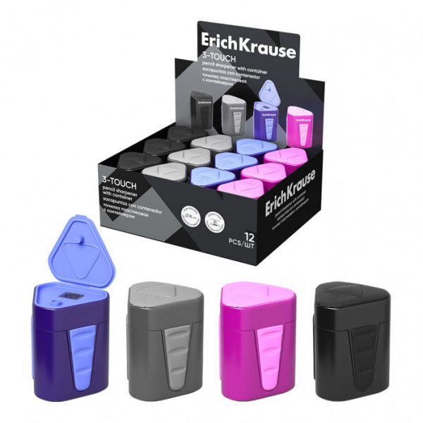 Точилка пластиковая ErichKrause 3-Touch, с контейнером, ассорти (в коробке-дисплее по 12 шт)