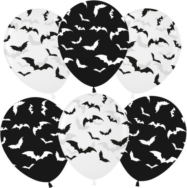 Шар (12''/30 см) Летучие мыши, Ночь Хэллоуина, Черный (299)/Прозрачный (600), кристалл 6 шт