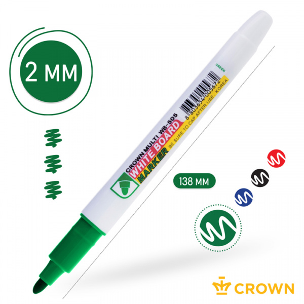 Маркер для белых досок Crown "Multi Board Slim" зеленый, пулевидный, 2мм WB-505