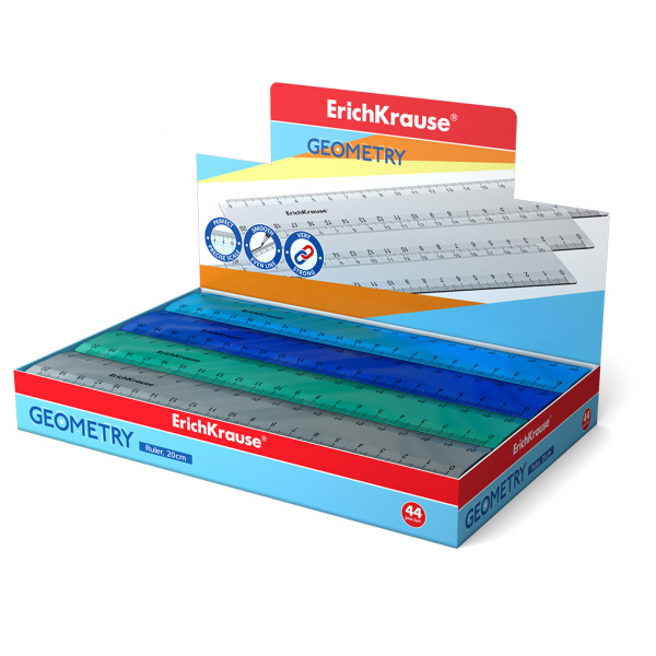 Линейка пластиковая ErichKrause® Ice Metallic, 20см, ассорти из 4 цветов, в коробке-дисплее