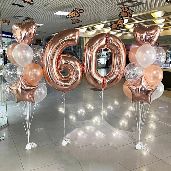 Композиция с шарами розовое золото на 60 лет