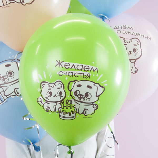 Шар (12''/30 см) С Днем Рождения (котенок и щенок), Ассорти, пастель 6 шт