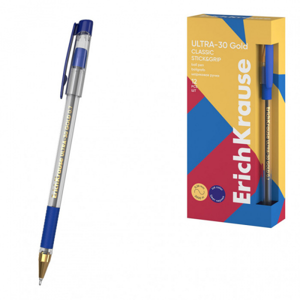 Ручка шариковая ErichKrause ULTRA-30 Gold Stick&Grip Classic 0.7, Super Glide Technology, цвет черни