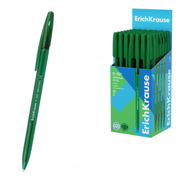 Ручка шариковая ErichKrause R-301 Stick Original 1.0, цвет чернил зеленый (в коробке по 50 шт.)