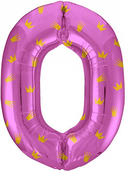 Шар (34''/86 см) Цифра, 0 Золотые короны, Розовый, 1 шт. в уп.