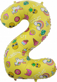 Шар (34''/86 см) Цифра, 2 Веселые картинки, Желтый, 1 шт. в уп. Falali, КИТАЙ