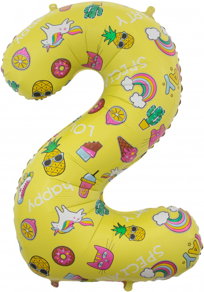 Шар (34''/86 см) Цифра, 2 Веселые картинки, Желтый, 1 шт. в уп. Falali, КИТАЙ