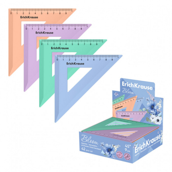 Угольник пластиковый ErichKrause Pastel Bloom, 45°/9см, ассорти (в коробке-дисплее по 42 шт)