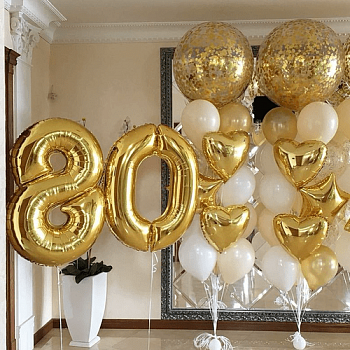 Набор воздушных шаров «Цифры 80 золотые и 2 фонтана из шаров»