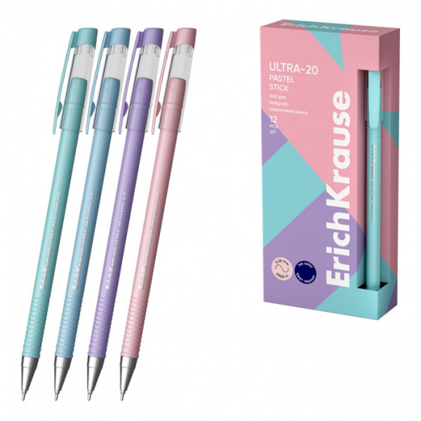 Ручка шариковая ErichKrause ULTRA-20 Stick Pastel 0.7, Super Glide Technology, цвет чернил синий (в 
