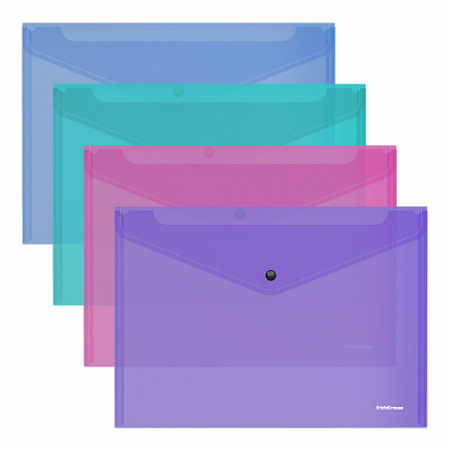 Папка-конверт на кнопке пластиковая  ErichKrause® Fizzy Vivid, полупрозрачная, A4, ассорти  (в пакет
