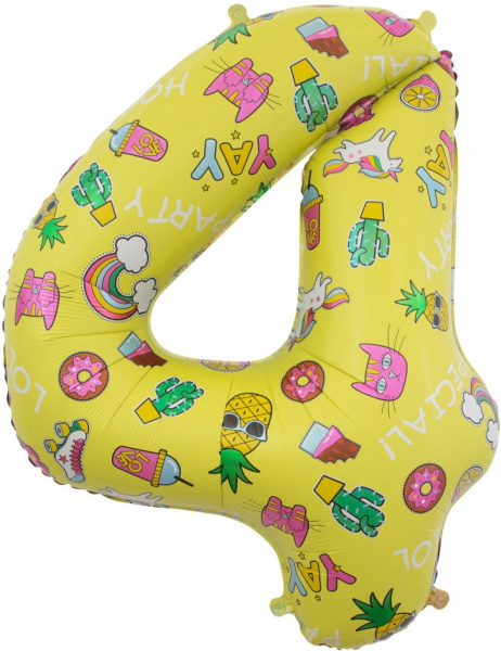 Шар (34''/86 см) Цифра, 4, Веселые картинки, Желтый, в упаковке  шт.
