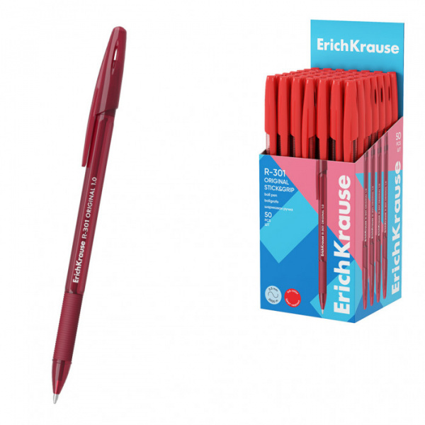 Ручка шариковая ErichKrause R-301 Stick&Grip Original 1.0, цвет чернил красный (в коробке по 50 шт.)