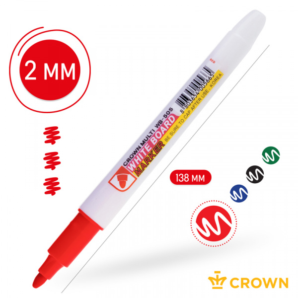 Маркер для белых досок Crown "Multi Board Slim" красный, пулевидный, 2мм WB-505